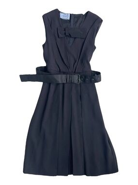 Vintage Prada Black Sleeveless Belted Midi Dress with Bow
